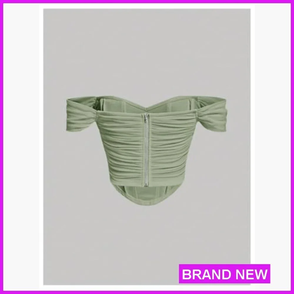 Off Shoulder Corset Crop Top Ruched Asymmetrical Hem Short Sleeve Y2K Chic